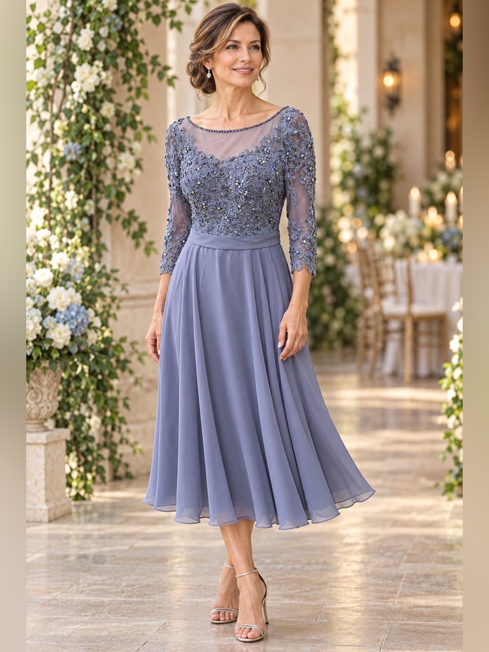 JJ’s House Elegant Lace & Chiffon Midi Dress in Dusty Blue Mother of Bride